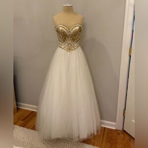 Elegant White and Gold Strapless Gown